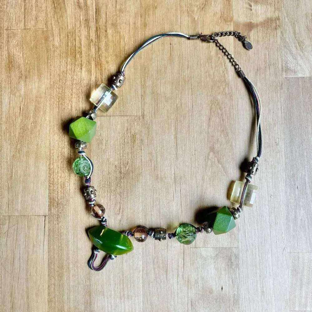 Vintage Necklace Statement Green Boho Chunky Shaped Stone Beads Bijoux Turner
